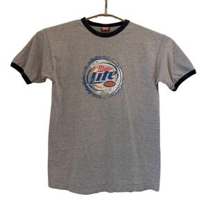 TNT Miller Lite Ringer T-Shirt Men Gray Black Bottle Cap Beer Tee Medium Y2K